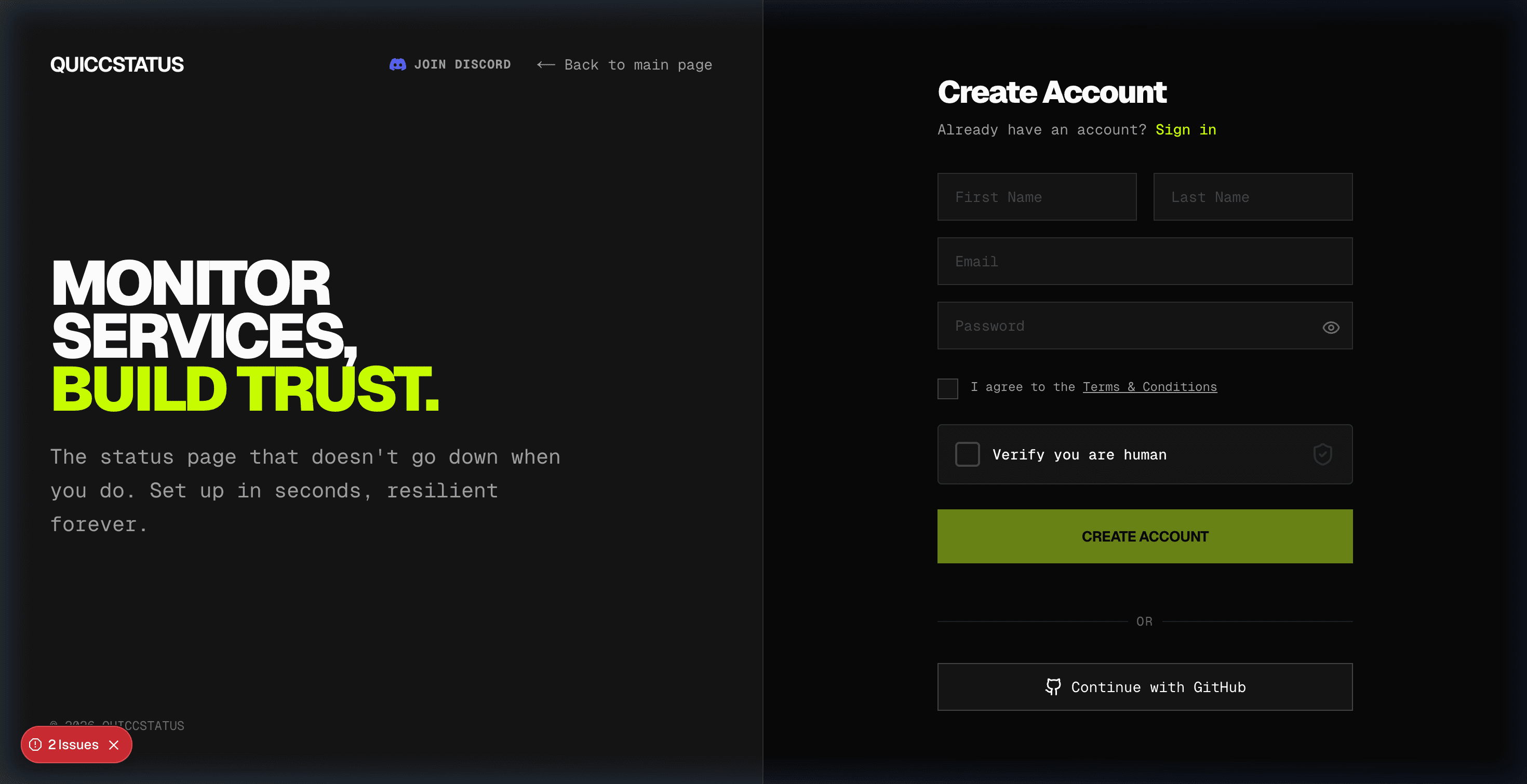 Página de inicio de sesión de QUICCSTATUS con formulario de registro
