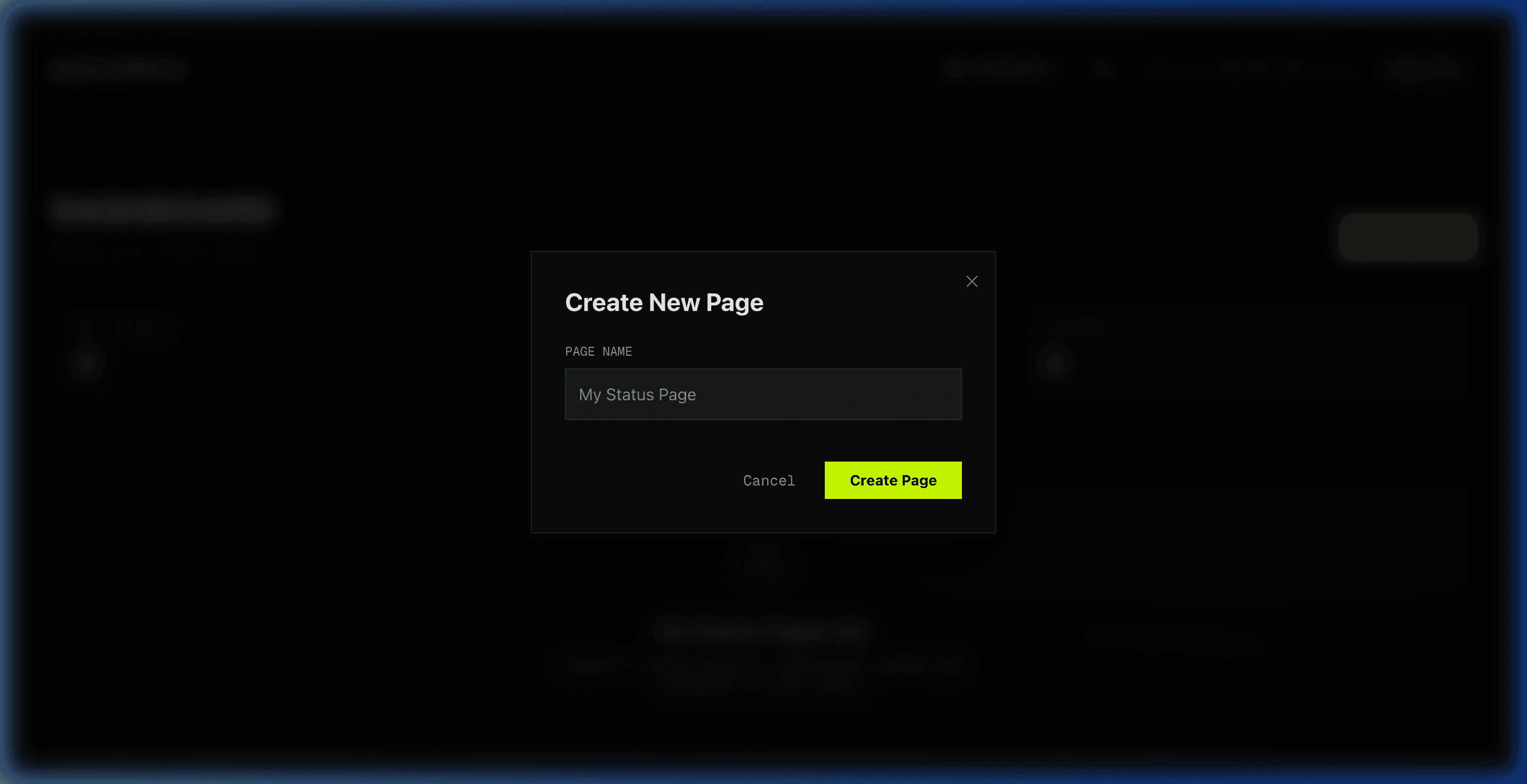 Modal Crear nueva página con campo de entrada para el nombre de la página