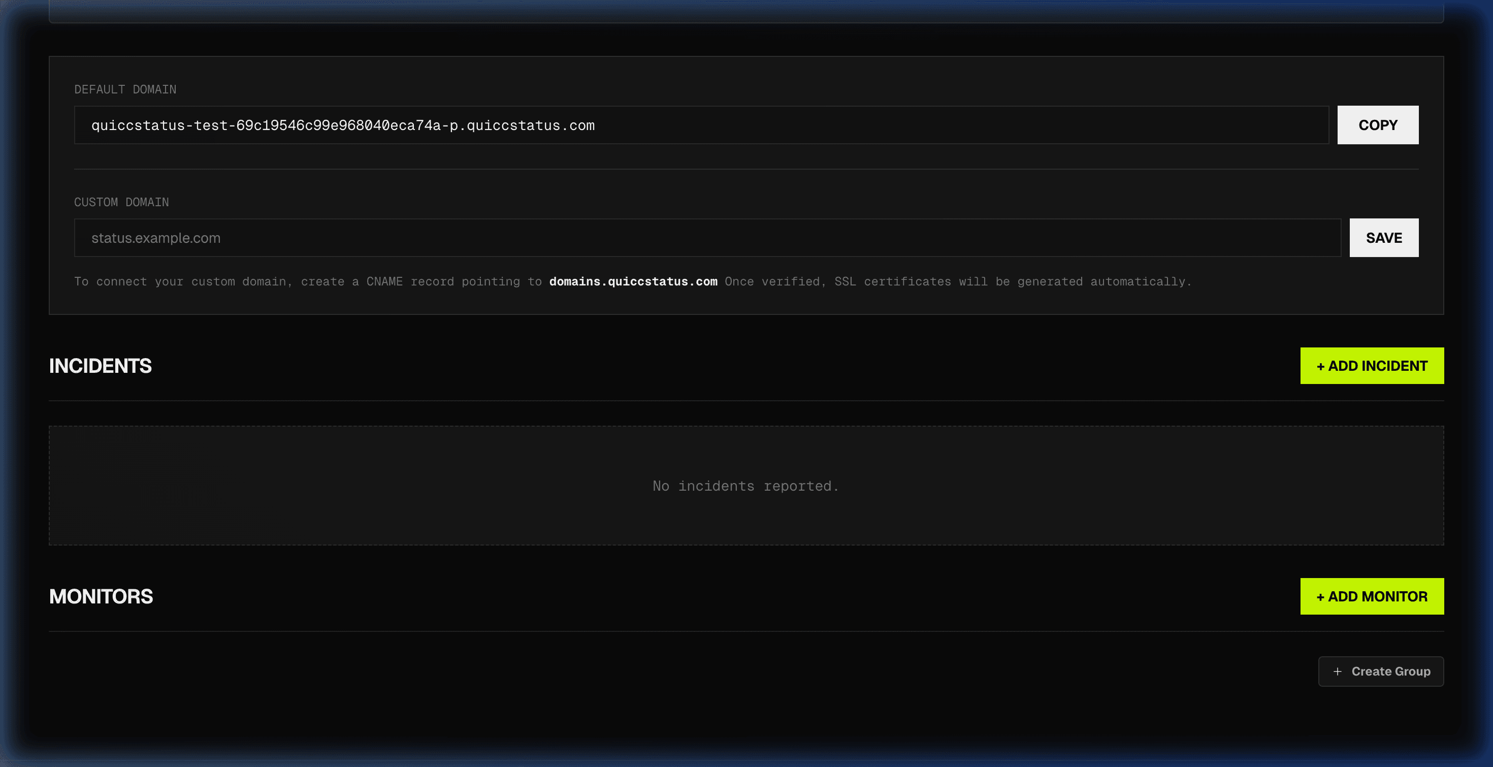 Vista detallada de la página de estado con secciones de dominio, incidentes y monitores