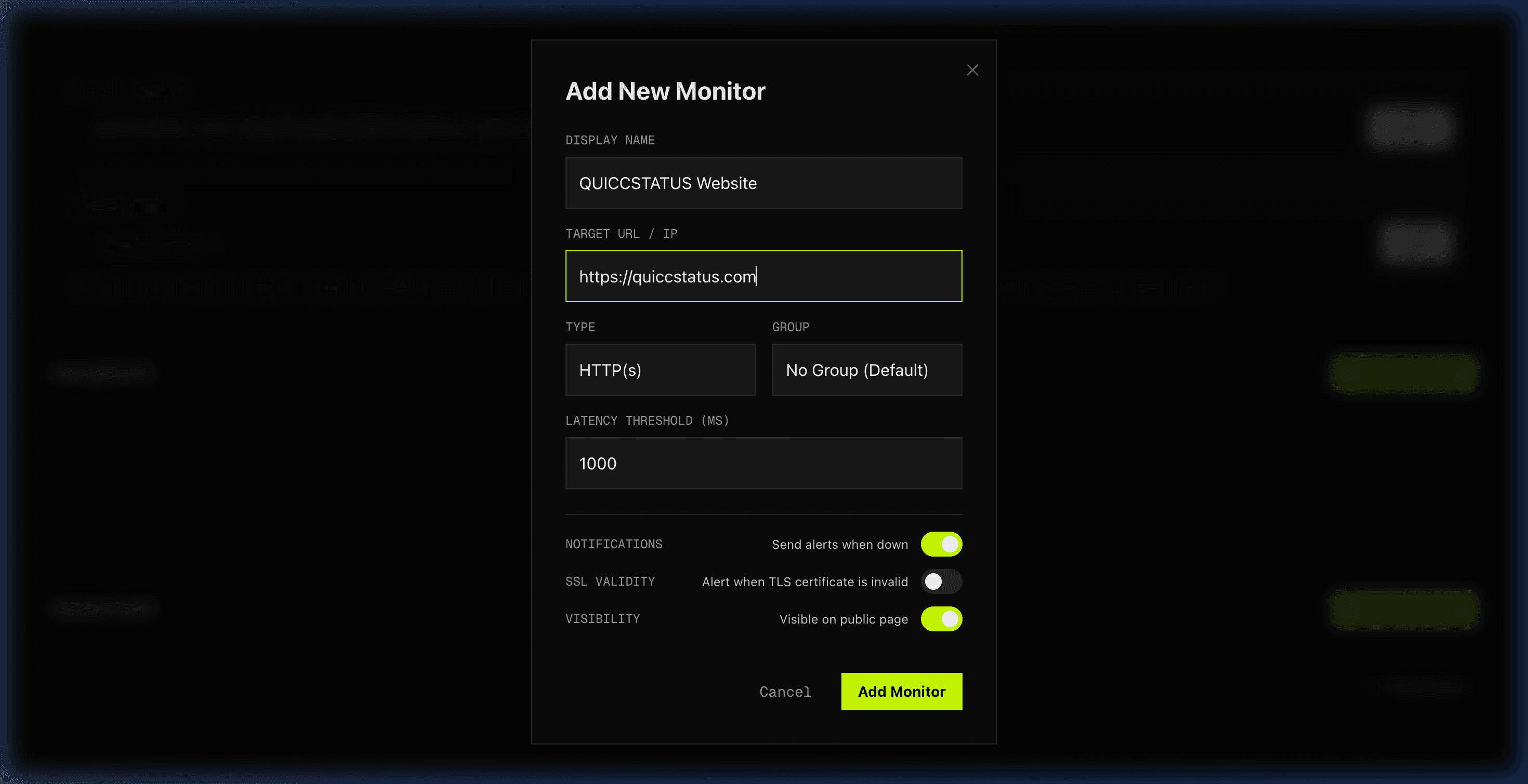 Formulario Agregar nuevo monitor completado con el monitor de Sitio web QUICCSTATUS apuntando a quiccstatus.com